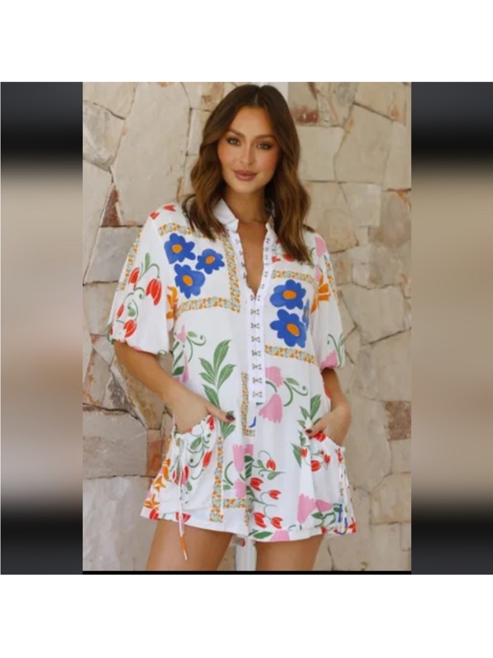 Floral Print Short Sleeve Shirt - White with Multicolor Floral